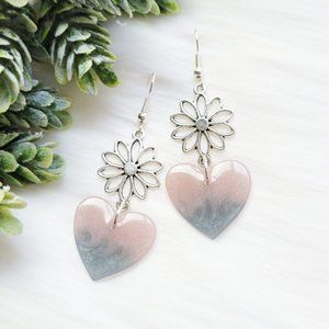 Pastel Dangle Earrings Blush Pink and Slate Blue Shimmer Floral Heart Resin